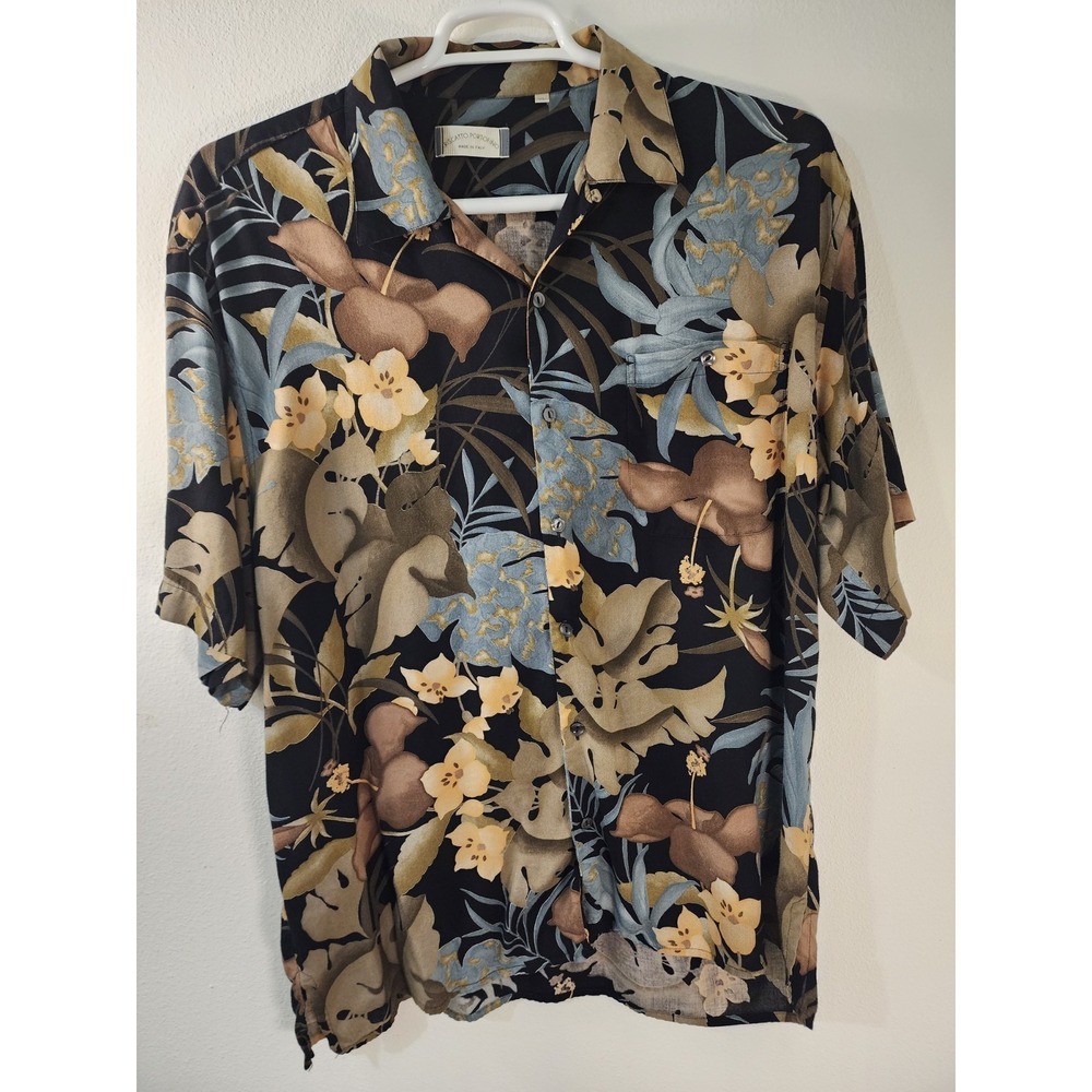 Moscato‎ Portofino Italy Hawaiian Shirt Mens XL Black Floral Tropical Camp Rayon